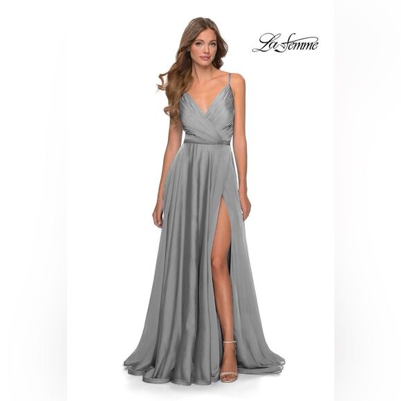 NWT Flaw | 28611 La Femme Silver Gray Platinum Chiffon Ball Gown Formal Dress 4 - Picture 1 of 14